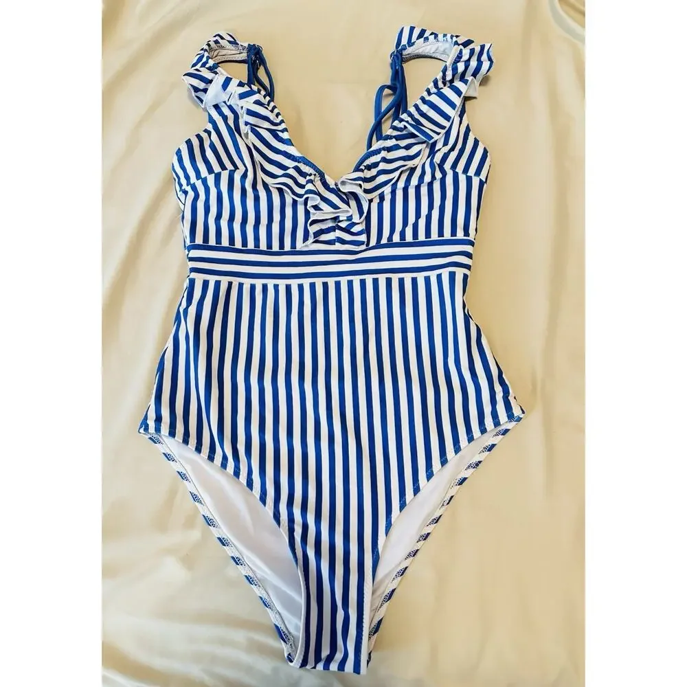 Cupshe Blue And White Stripe Coastal One Piece Swimsuit Small Ruffle Summer